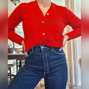 Vintage 1950's Turbo Red Knit Cardigan Sweater Button-Down Small Orlon Acrylic